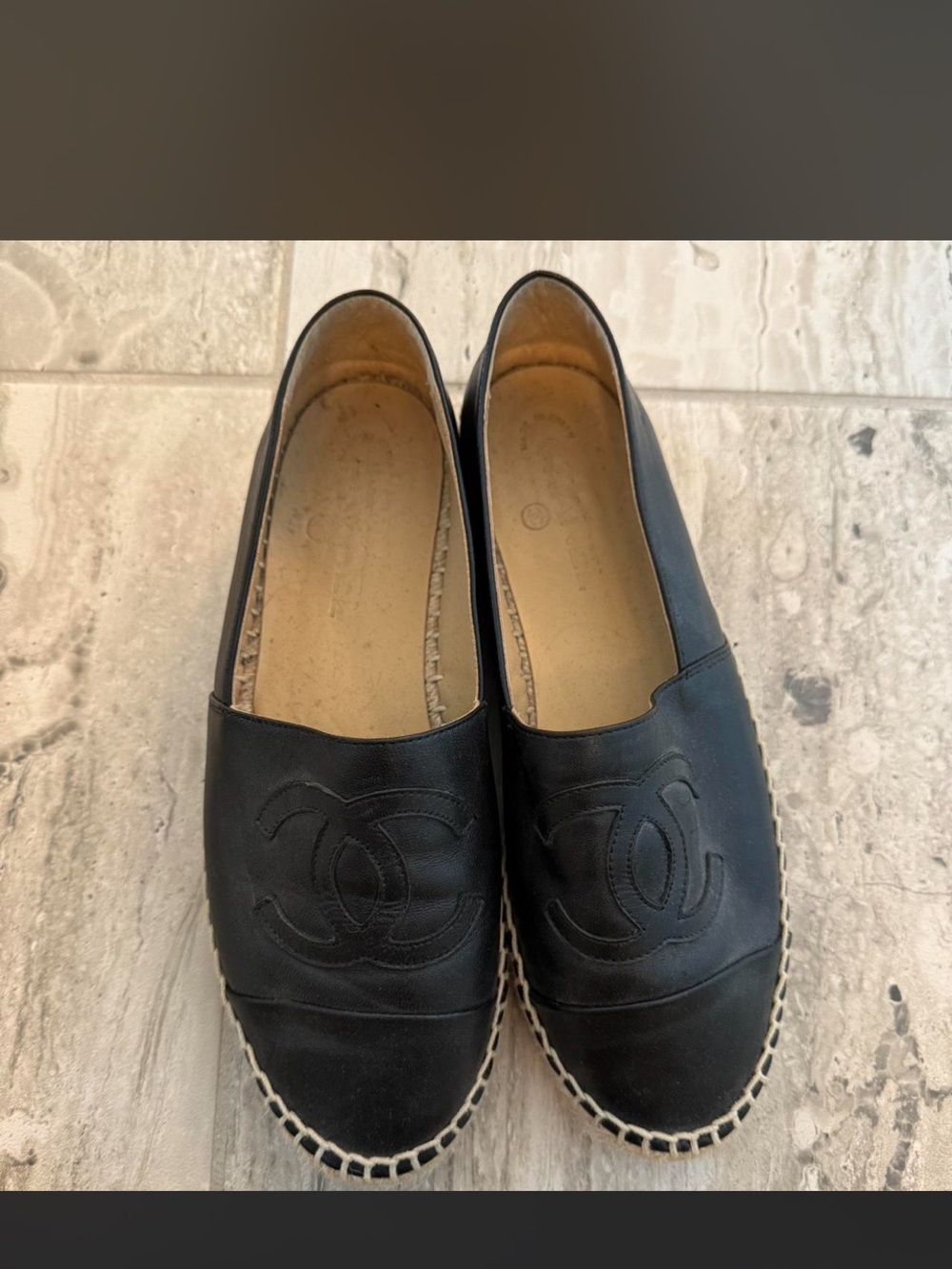 CHANEL Black Leather Espadrille Slip-Ons with CC Logo